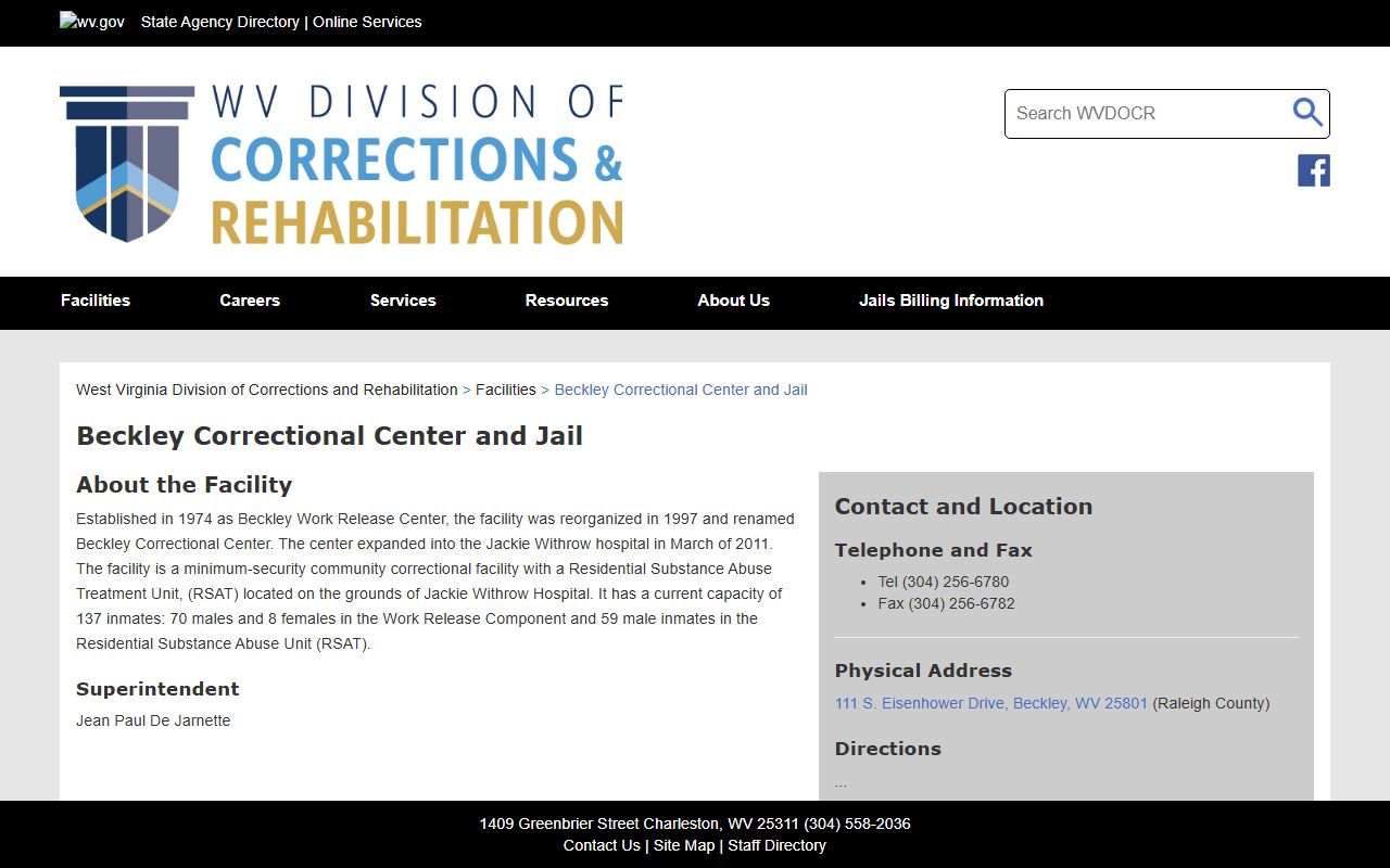 Beckley Correctional Center and Jail official page for Raleigh County custody search
