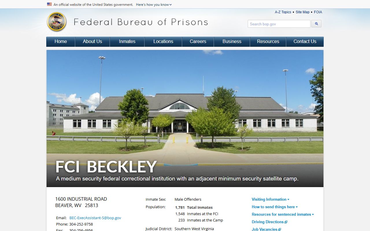 Federal Correctional Institution Beckley official page for federal inmate lookup in Raleigh County