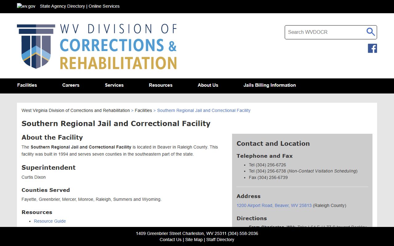 Raleigh County inmate population Southern Regional Jail official page